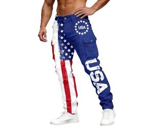 Pantalon de jogging ample pour homme avec imprimé Stars and Stripes, style Harajuku, avec drapeau national des États-Unis, pantalon de sport élastique à taille large pour les loisirs, P bleu., S