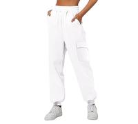 Pantalon de jogging baggy en lin 7/8 pour femme - Couleur unie - Pantalon de loisirs - Taille haute - Pantalon en tissu ample - Pour les voyages et le quotidien - Jambes droites - Pantalon de