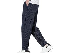 Pantalon de jogging cargo pour homme - Pantalon imprimé rayé - Coupe décontractée - Pantalon de jogging en coton et lin - Pantalon de plage d'été - Pantalon droit à l'avant plat - Taille élastique -