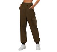 Pantalon de jogging décontracté pour femme - Taille élastique avec poches - Pantalon cargo extensible - Pantalon droit - Pantalon de sport uni - Pantalon de survêtement en coton, marron, M