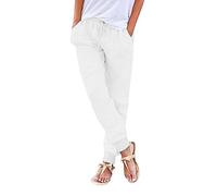 Pantalon de jogging en coton et lin pour femme avec cordon de serrage et taille élastique, pantalon long solide et confortable avec poches, taille S à 3XL, B-blanc., L