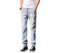 Pantalon de Jogging en Jean délavé pour Homme, Coupe fuselée, Taille élastiquée avec Cordon de Serrage, déchiré, Bleu Clair, Petit modèle