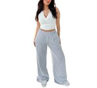 Pantalon de Jogging Femme Large Bas de Survêtement Pantalon Décontracté Taille Elastique avec Poche pour Sport Fitness Yoga Training (Gris, L)