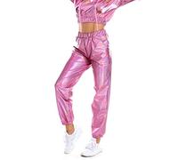 Pantalon de Jogging Femme Taille Haute - Effet Mouillé - Style Hip Hop Holographique - Brillant - Pantalon de Fête - Disco Clubwear, O Rose