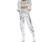 Pantalon de Jogging Femme Taille Haute - Effet Mouillé - Style Hip Hop Holographique - Brillant - Pantalon de Fête - Disco Clubwear, O Argent