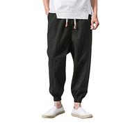 Pantalon de jogging japonais léger en lin pour homme - Coupe ample - Cordon de serrage - Ourlet fermé - Taille élastique - Tendance - Streetwear, Noir , XXL
