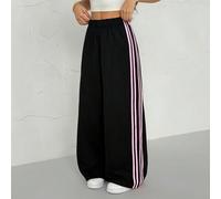 Pantalon de jogging large en coton 75% noir avec bande rose sur le côté - Coupe ample en tricot extra long pour un confort quotidien, styles rétro vintage Y2K "Soft Girl" et "Clean Girl", retour à l'é