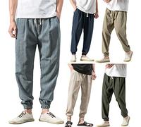 Pantalon de jogging léger pour homme - Pantalon en coton et lin pour homme - Confortable et respirant - Coupe ample - Pantalon fuselé avec cordon de serrage - Taille élastique - Pantalon d'été, beige
