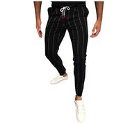 Pantalon de jogging long en coton pour homme - Coupe ajustée - Blanc - Pantalon de fitness rayé - Pantalon de loisirs élégant - Taille élastique avec cordon de serrage - Pantalon d'extérieur résistant