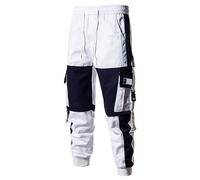 Pantalon de jogging long pour homme - Avec poche - Patchwork tendance - Cordon de serrage élastique - Pantalon chino élégant - Coupe ajustée - Sans plis - Avant plat, Blanc., XL