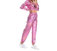 Pantalon de Jogging métallique Brillant pour Femme années 80 90 Cuir Verni Aspect mouillé Hip Hop Clubwear Holographique Pantalon de Jogging Carnaval