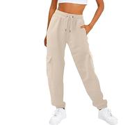 Pantalon de jogging pour femme - Taille haute élastique - Couleur unie - Cordon de serrage - Jambe large - Léger et respirant - Avec plusieurs poches - Entraînement, gym, yoga, beige, M