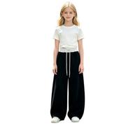 Pantalon de jogging pour filles - Double taille - Cordon de serrage - Jambe large - Pantalon de survêtement droit ample - Pantalon de sport tendance avec poches, Noir , 15-16 ans