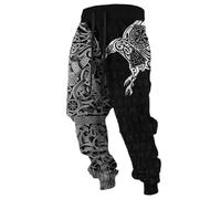 Pantalon de jogging pour homme avec motifs viking - Pantalon de loisirs en deux parties avec loup Fenrir, runes et nœuds celtiques - Vêtements de mythologie nordique pour homme, Style T01 Noir, 4XL