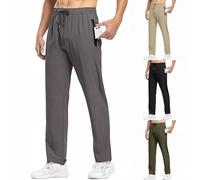 Pantalon de jogging pour homme avec poches zippées - Pantalon de survêtement léger à ourlet ouvert avec poches à fermeture éclair Pantalon de sport droit coupe ample extensible, kaki, M