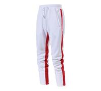 Pantalon de jogging pour homme coupe ajustée avec rayures latérales, pantalon de jogging blanc avec rayures rouges, cordon de serrage à la taille, poignets élastiques avec poches, tissu léger doux et