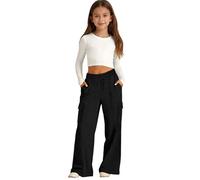 Pantalon de jogging surdimensionné avec jambes larges pour fille, pantalon de jogging élastique avec jambe droite, pantalon baggy cintré et justaucorps pour fille, Noir , 10-11 ans