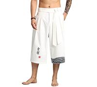 Pantalon de kimono japonais traditionnel pour hommes, vêtements asiatiques, pantalon de bain, décontracté, ample, style japonais, pantalon court en lin, Blanc, XL, poids 65-75 kg