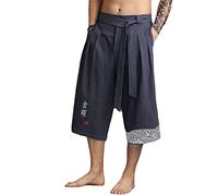 Pantalon de kimono japonais traditionnel pour hommes, vêtements asiatiques, pantalon de bain, décontracté, ample, style japonais, pantalon court en lin, Bleu, XL, poids 65-75 kg