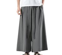 Pantalon de Kung Fu Hakama en Soie de Glace Noire pour Homme avec Un Pantalon Large Chinois Kimono Wushu à Fond Large Grey XL