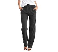 Pantalon de loisirs droit pour femme avec taille élastique et cordon extensible en coton et lin pour un confort prolongé, Noir , XL