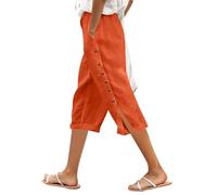 Pantalon de loisirs pour femme avec taille élastique, coupe ample pour une longueur confortable des trois quarts, boutonnière latérale, Orange, L