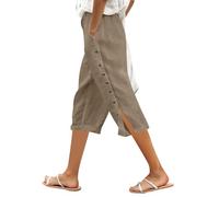 Pantalon de loisirs pour femme avec taille élastique, coupe ample pour une longueur confortable des trois quarts, boutonnière latérale, kaki, L