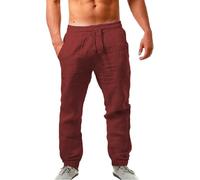 Pantalon de loisirs pour homme en coton et lin - Coupe ajustée - Pantalon d'été avec cordon de serrage et poches - Taille élastique - Pantalon de survêtement léger et respirant pour homme, rouge, XXL