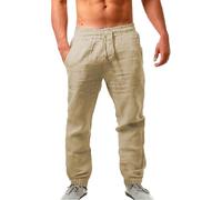 Pantalon de loisirs pour homme en coton et lin - Coupe ajustée - Pantalon d'été avec cordon de serrage et poches - Taille élastique - Pantalon de survêtement léger et respirant pour homme, kaki, 3XL
