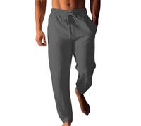 Pantalon de loisirs pour homme - Pantalon léger en lin - Long et élégant - Coupe droite - Avec cordon de serrage - Couleur unie - Pantalon de travail léger et aéré - Pantalon droit ample - Pantalon