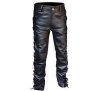 Pantalon de motard en cuir de buffle avec lacets sur le côté - Noir - Pantalon en cuir de buffle - Lacé sur le côté - Avec poches - Pantalon d'extérieur - Coupe ajustée - Coupe ajustée - Taille L