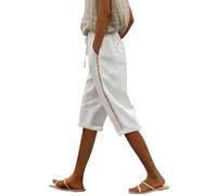 Pantalon de plage 3/4 en lin pour femme - Pantalon d'été court et léger - Grandes tailles - Pantacourt avec poches - Pantalon de jogging baggy - Pantalon de sport avec cordon de serrage - Couleur unie