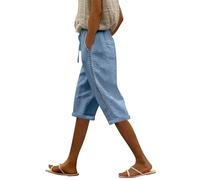 Pantalon de plage 3/4 en lin pour femme - Pantalon d'été court et léger - Grandes tailles - Pantacourt avec poches - Pantalon de jogging baggy - Pantalon de sport avec cordon de serrage - Couleur unie