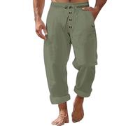 Pantalon de plage en coton et lin pour homme avec taille élastique boutonnée et cordon de serrage et poches, Pantalon en lin marron pour hommes, L