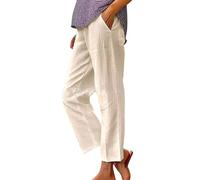 Pantalon de plage en lin pour femme - Taille haute - Coton et lin - Confortable - Couleur unie - Mousseline respirante - Pantalon d'été - Taille élastique - Pantalon de loisirs avec cordon de serrage