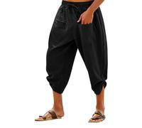 Pantalon de plage en lin pour homme avec cordon de serrage, taille élastique, respirant, décontracté, vacances quotidiennes, short de sept minutes, Noir , 3XL