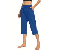 Pantalon de pyjama 3/4 en coton pour femme - Pantalon de pyjama court pour femme - Pantalon de pyjama uni - Pantalon de plage fin - Stretch - Coupe droite - Vêtement de nuit - Vêtement de maison, bleu