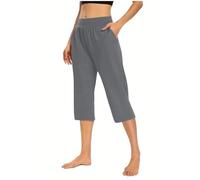 Pantalon de pyjama 3/4 en coton pour femme - Pantalon de pyjama court pour femme - Pantalon de pyjama uni - Pantalon de plage fin - Stretch - Coupe droite - Vêtement de nuit - Vêtement de maison, gris