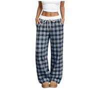 Pantalon de pyjama à carreaux en polaire pour femme en coton doux avec cordon de serrage, bleu, S