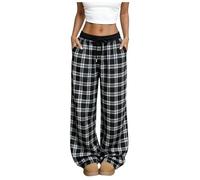 Pantalon de pyjama à carreaux en polaire pour femme en coton doux avec cordon de serrage, Noir , XXL