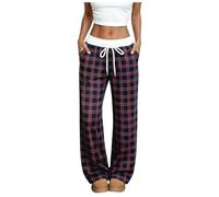 Pantalon de pyjama à carreaux en polaire pour femme en coton doux avec cordon de serrage, Rouge, L