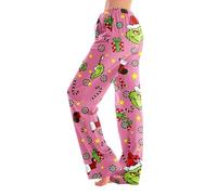 Pantalon de Pyjama de Noël pour Femme Amusant Taille élastique Coupe Ample Jambes Larges Pantalon de détente Vert Chaud imprimé Elfe Vert Bas de Pyjama de Noël 04-Rose XL