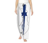 Pantalon de pyjama décontracté en polyester doux avec poches pour femme Motif carte du drapeau finlandais, Noir , S