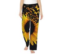 Pantalon de pyjama décontracté en polyester doux avec poches pour femme Motif tournesol et papillons, Noir , XL
