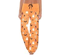 Pantalon de pyjama d'Halloween confortable à taille élastique avec cordon de serrage pour femme - Imprimé citrouille - Vêtements de nuit décontractés et baggy - Taille haute - Jambe large, a-jaune, S