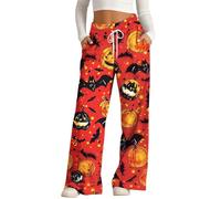 Pantalon de Pyjama D'Halloween Pour Femme Pantalon Haut Taille avec Taille éLastique et Poches Motif Citrouille Chauve-Souris FantôMe Pants Pyjama DéContracté et Confort (D-Watermelon Red, XXL)