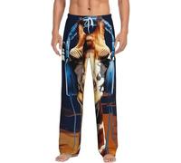 Pantalon de pyjama en flanelle pour homme, girafe portant des écouteurs, bas de pyjama doux en coton chaud, vêtements de nuit avec poches, Noir , S