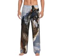 Pantalon de pyjama en flanelle pour homme, un loup debout dans une zone couverte de neige, pantalon de pyjama doux en coton chaud avec poches, Noir , XL