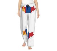 Pantalon de pyjama en polyester doux avec imprimé carte du drapeau mongol pour femme - Pantalon de survêtement ample et confortable avec poches, Noir , XL