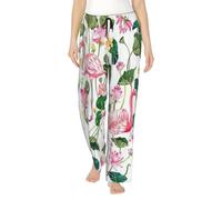 Pantalon de pyjama en polyester doux avec imprimé flamant rose et feuilles rondes pour femme - Pantalon de survêtement ample et confortable avec poches, Noir , L